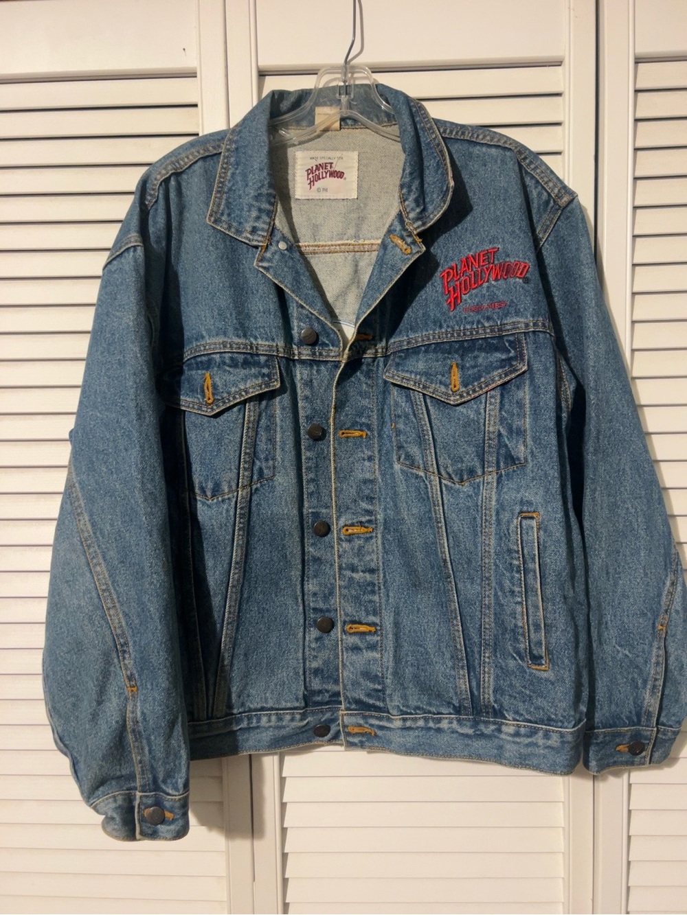 Vintage 1990s Planet Hollywood Denim Jacket Embroidered Logo Blue Jean Jacket